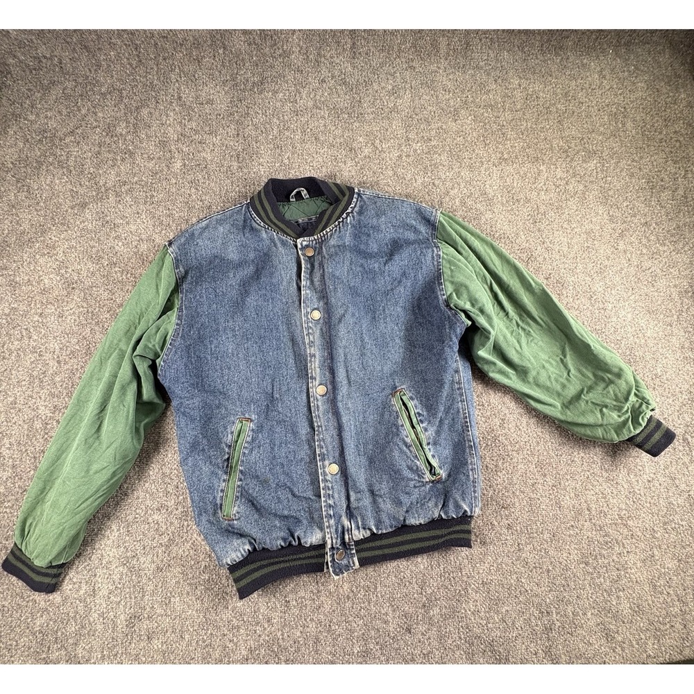VTG 90s Urban Equipment Denim‎ Bomber Jacket Womens XL Blue Grunge Distressed